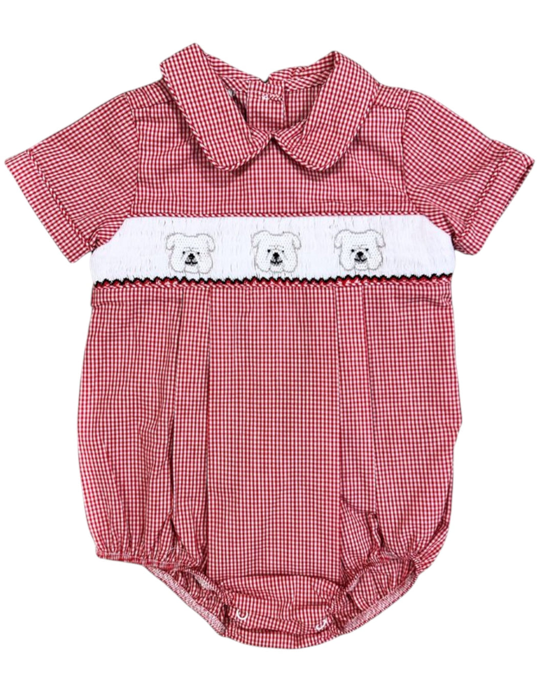Red checkered baby romper with white bear embroidery on a white background