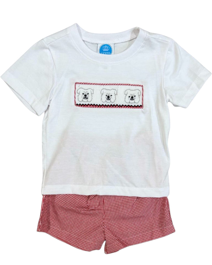 White t-shirt with teddy bear design and red checkered shorts on a white background