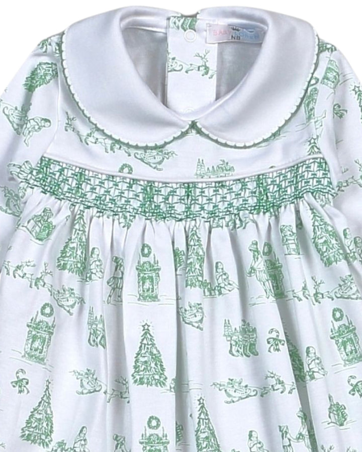 White dress with green pattern on a white background