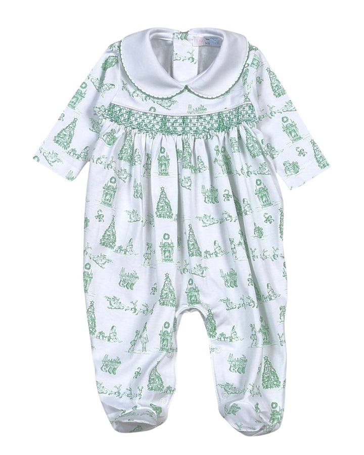 Baby romper with green pattern on a white background