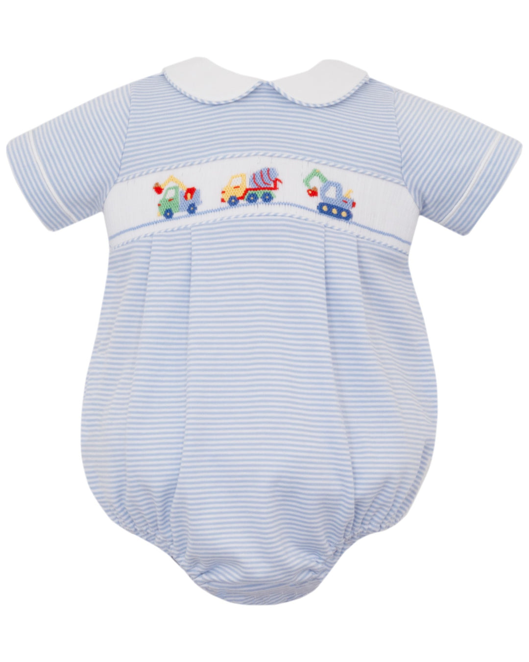 Smocked Construction Trucks Blue Stripe Boy's Bubble, Shop That Store, front