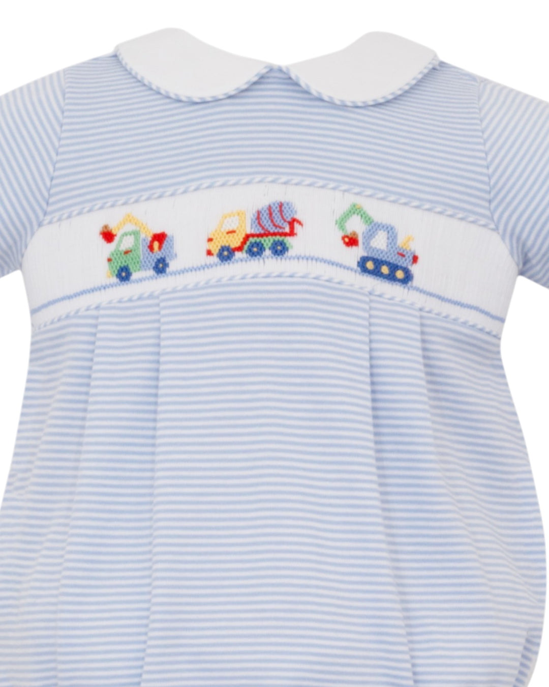 Smocked Construction Trucks Blue Stripe Boy's Bubble, That Store, close up