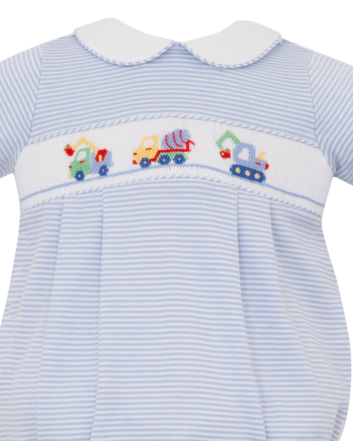 Smocked Construction Trucks Blue Stripe Boy's Bubble, That Store, close up