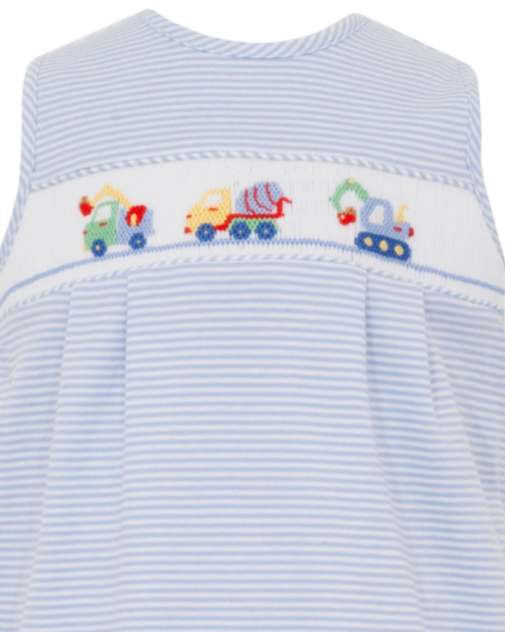 Smocked Construction Trucks Blue Stripe Boy's Jon Jon, That Store, close up