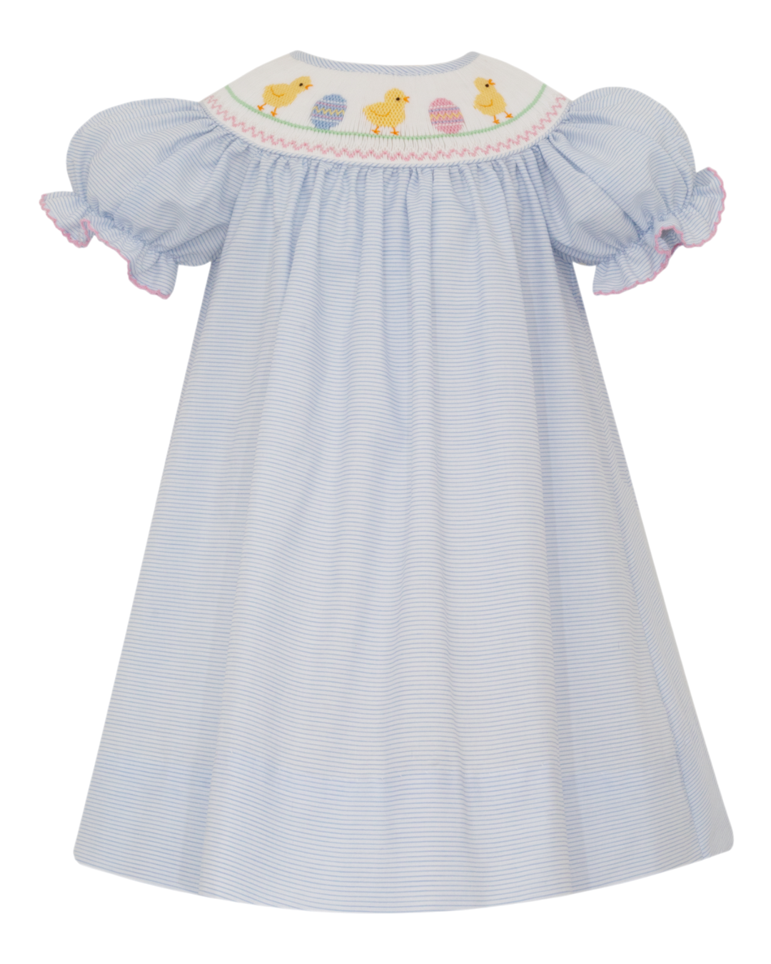 Light blue dress with smocked chicks and eggs on a white background