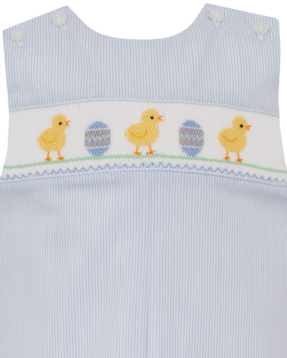 Baby romper with embroidered chicks and Easter eggs on a white background