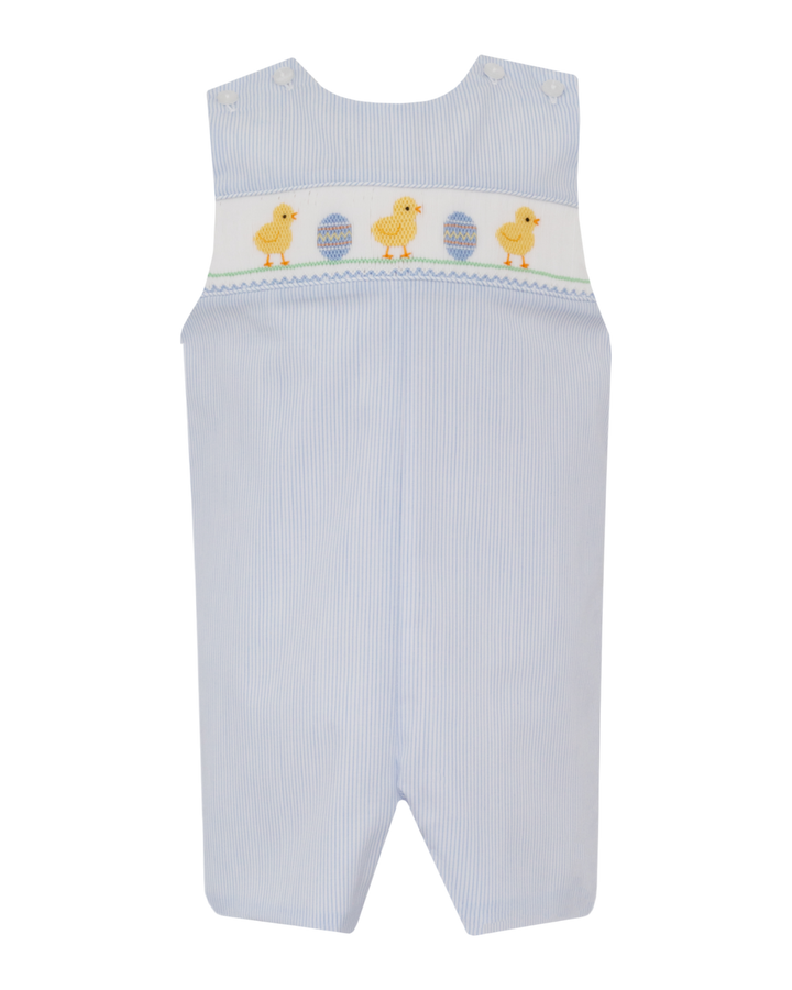 Baby romper with blue checkered pattern and colorful trim on a white background