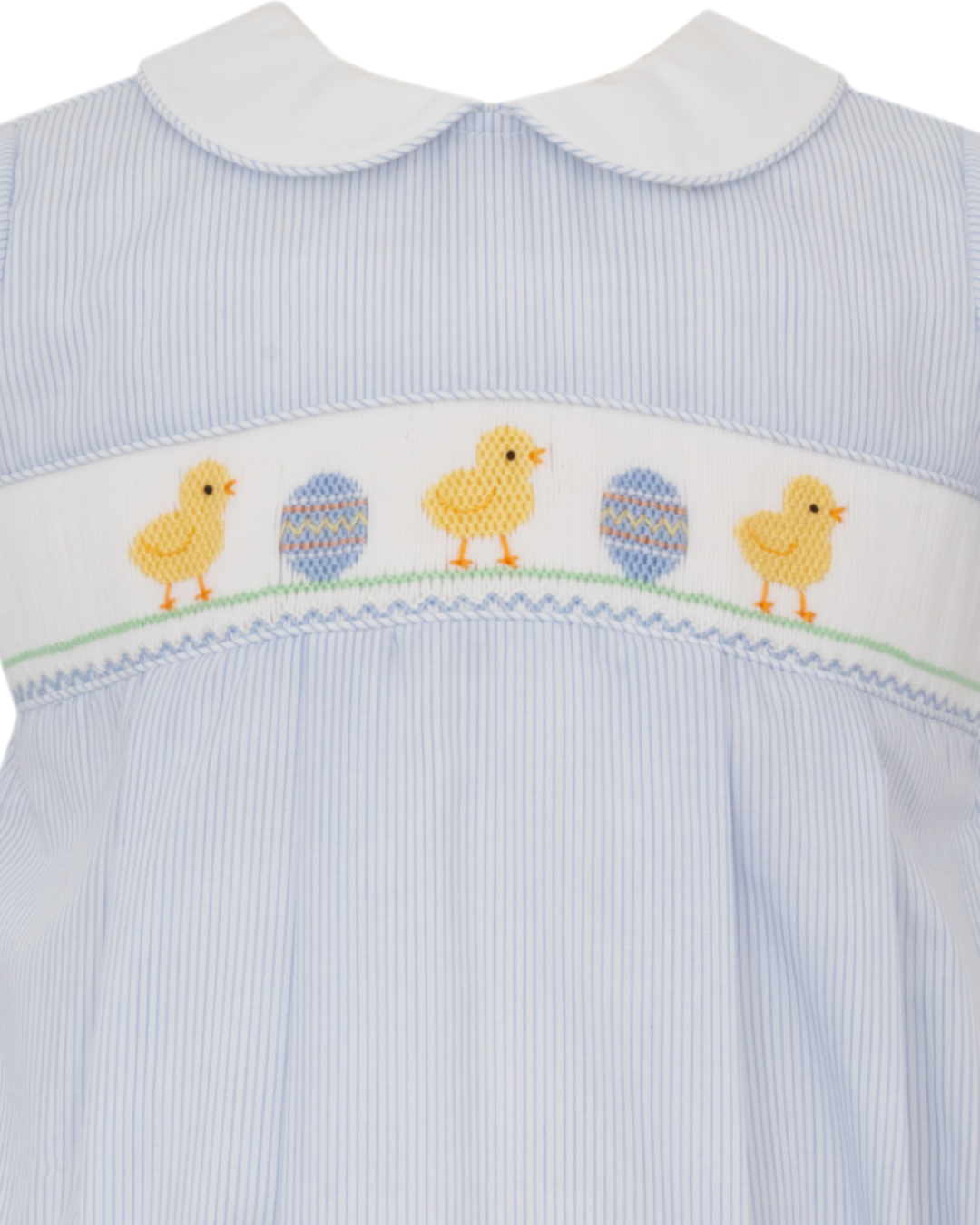 Light blue baby romper with smocked chicks and eggs on a white background