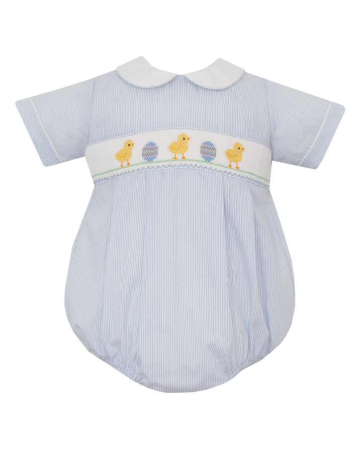 Baby romper with smocked chicks and eggs on a white background