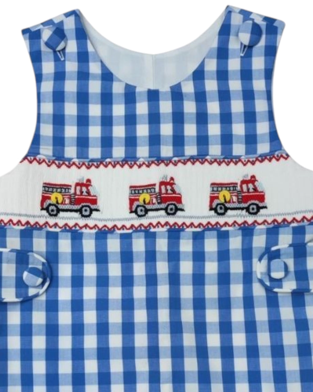 Smocked Fire Truck Blue Check Boys Jon Jon, That Store, close up
