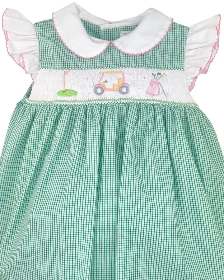 Smocked Golf Cart Green Gingham Angel Wing Dress, That Store, close