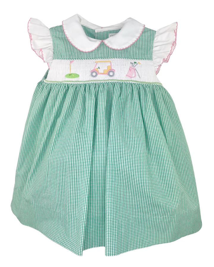 Smocked Golf Cart Green Gingham Angel Wing Dress, That Store, front