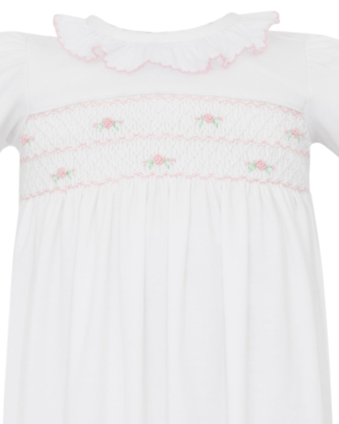 Smocked Gracie Rosebud Knit Ruffle Sac, close up