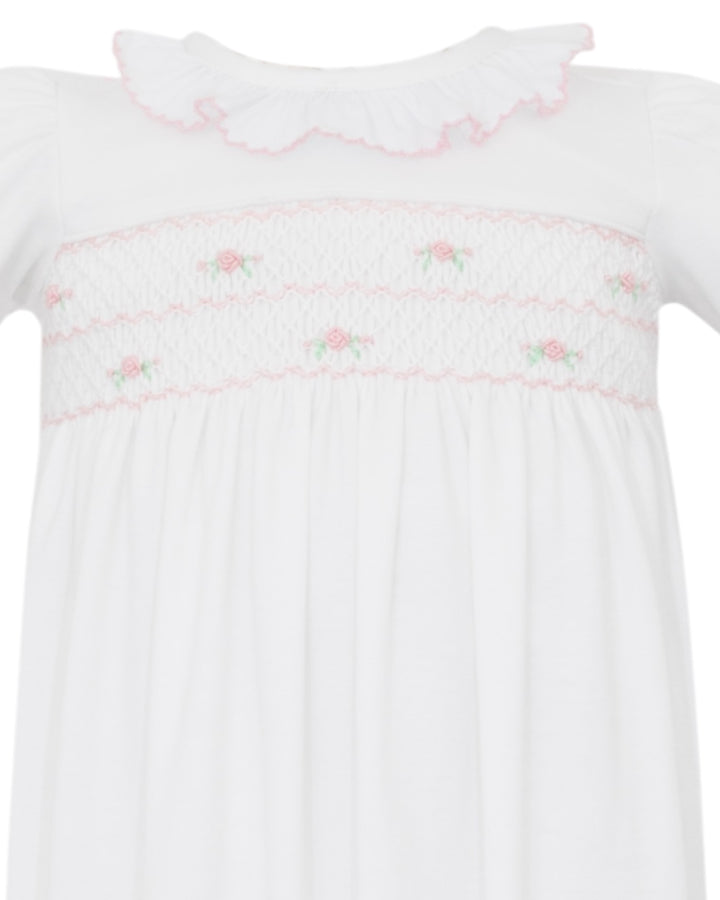 Smocked Gracie Rosebud Knit Ruffle Sac, close up