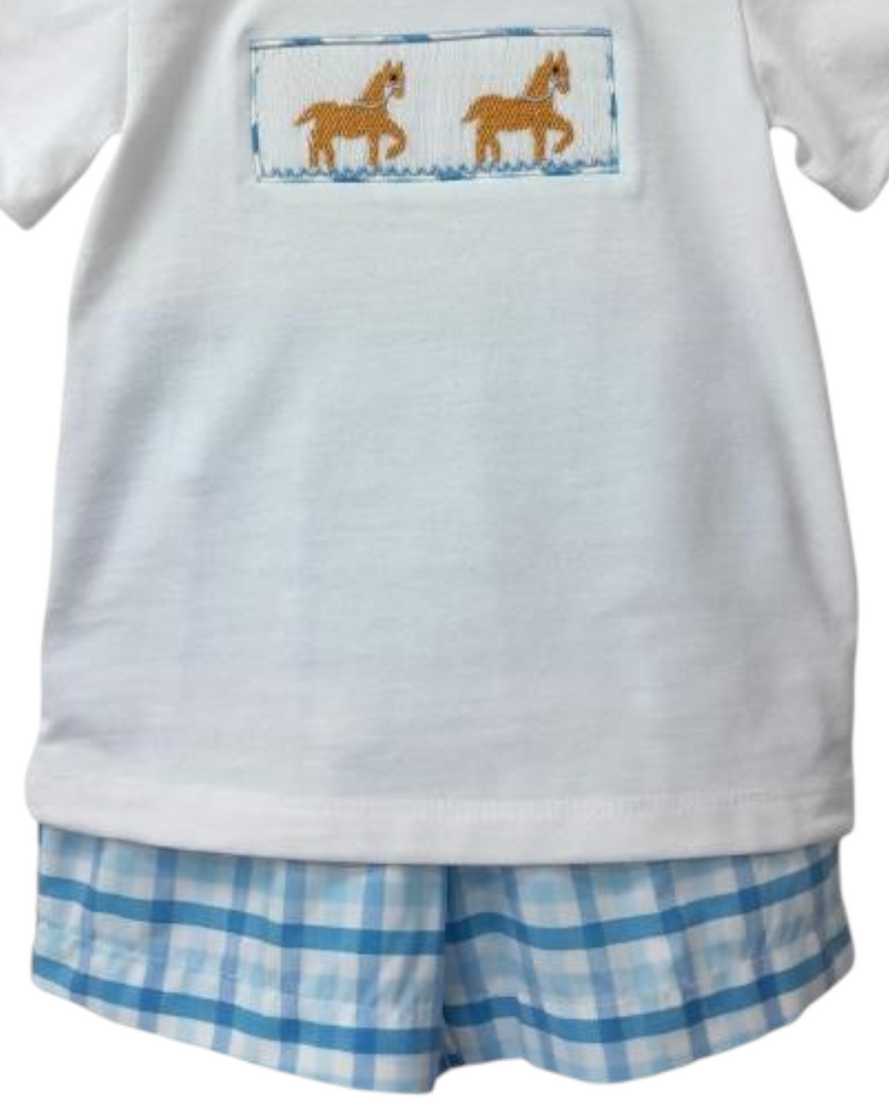 Smocked Horse Blue Plaid Boys Short Set, That Store, close up