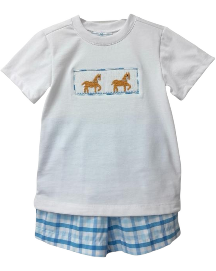 Smocked Horse Blue Plaid Boys Short Set, Shop That Store, front
