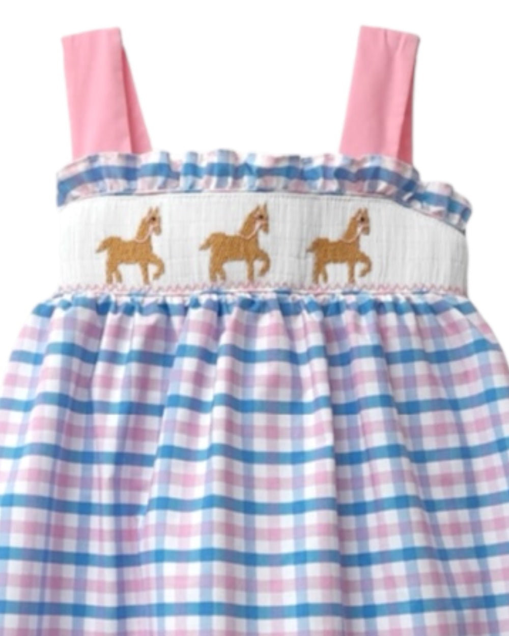 Smocked Horses Blue and Pink Plaid Dress, That Store, close up
