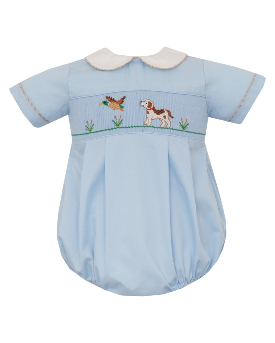 A light blue baby romper with a white Peter Pan collar and embroidered details of a duck, a dog, and flowers across the chest, that store