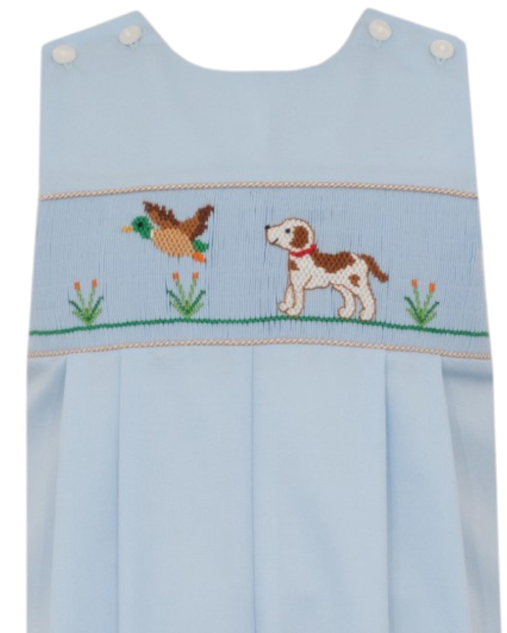 A light blue baby dress featuring a smocked chest design with a brown and white dog, a green duck, and small plants, that store
