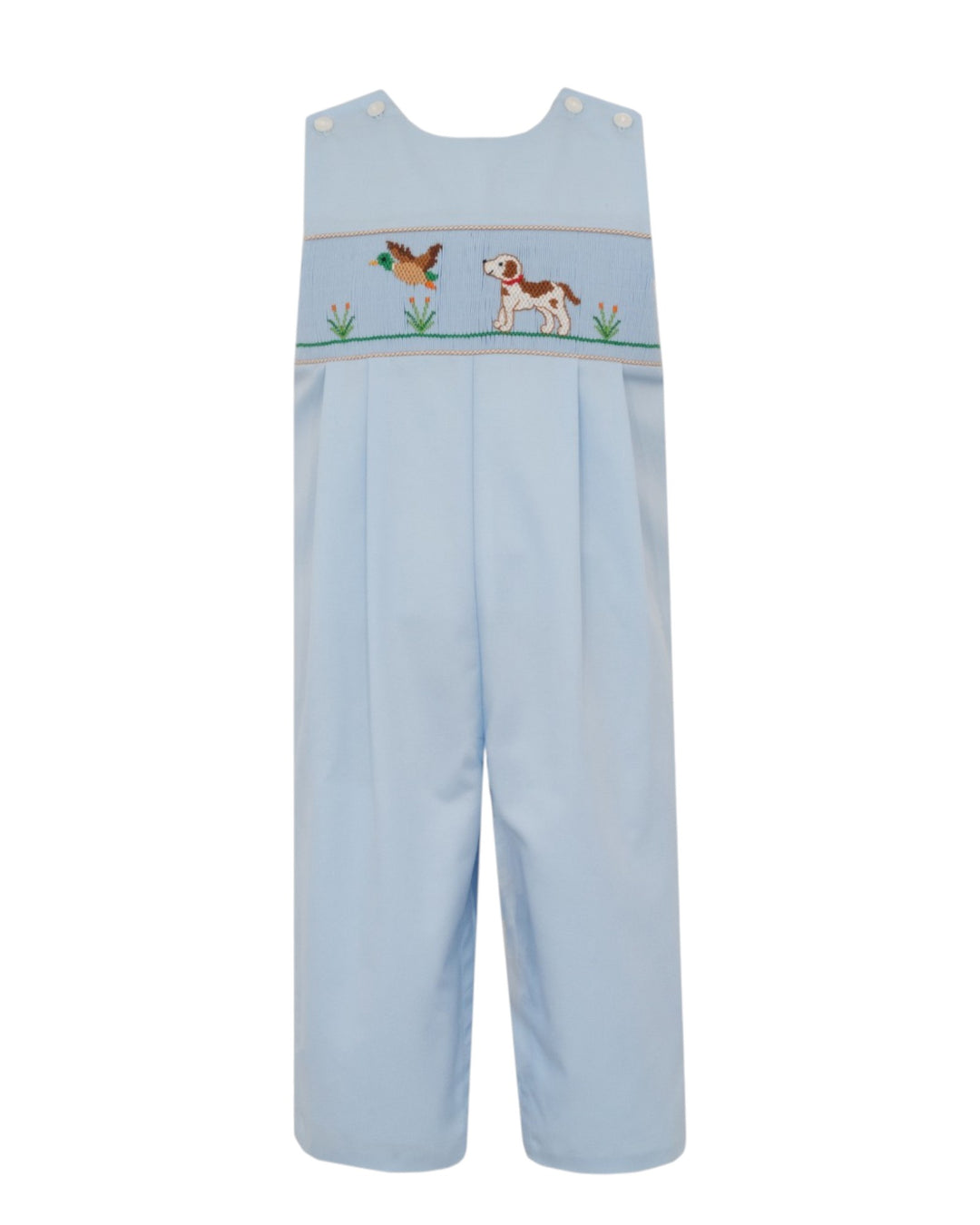 Light blue baby overalls with a decorative embroidered chest panel featuring a dog, duck, and duckweed, displayed on a solid white background, that store