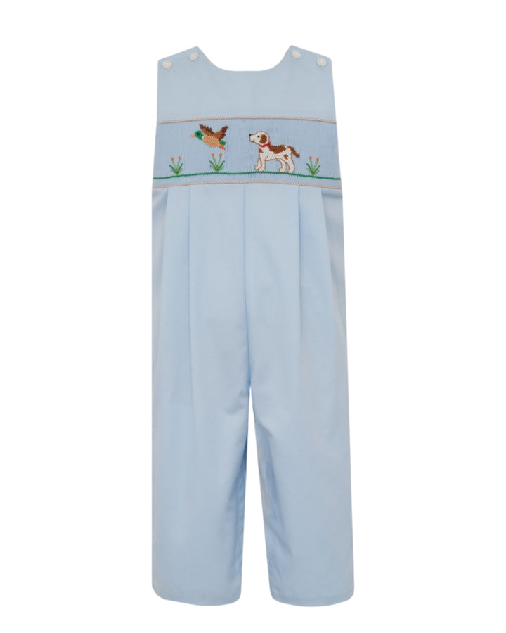 Light blue baby overalls with a decorative embroidered chest panel featuring a dog, duck, and duckweed, displayed on a solid white background, that store