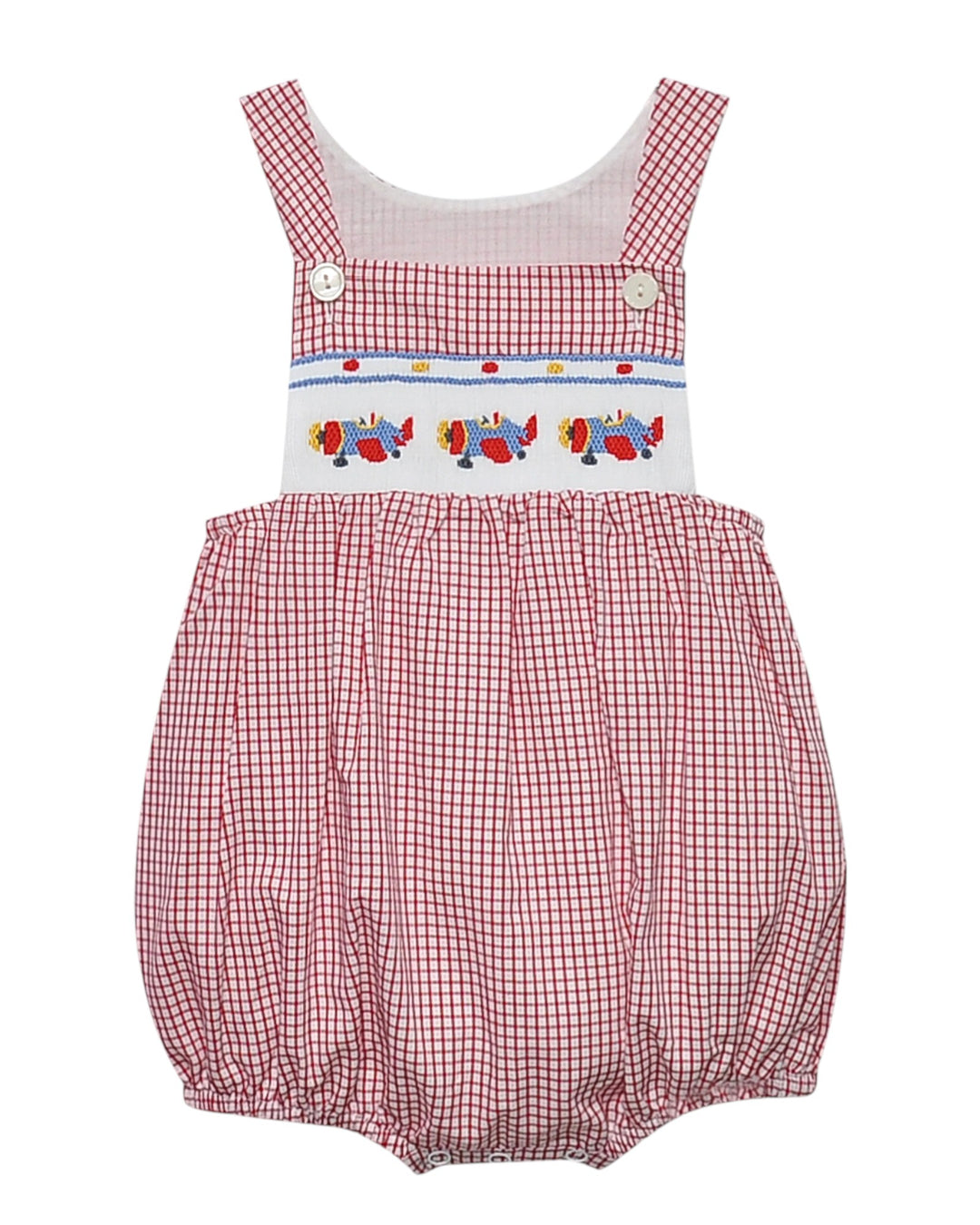 Red checkered baby romper with embroidered design on a white background, that store