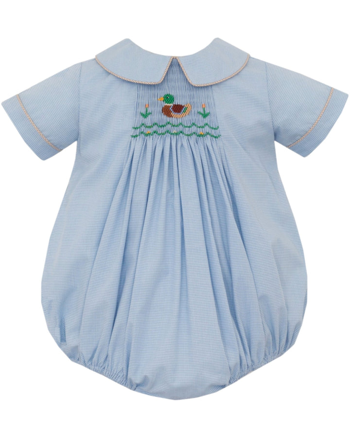 A light blue gingham baby smocked romper with a Peter Pan collar, short sleeves, and an embroidered duck motif on the chest, that store