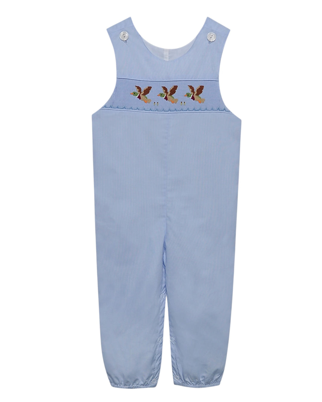 Light blue dungarees with embroidered birds on a white background