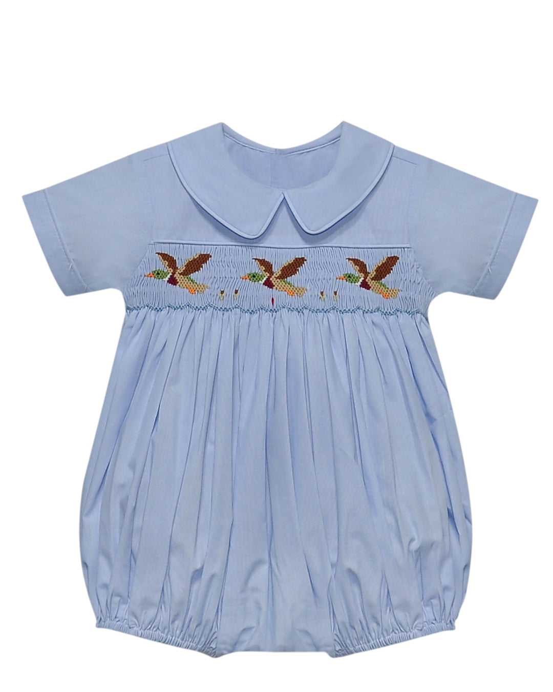 Light blue baby romper with embroidered details on a white background
