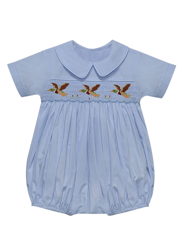 Light blue baby romper with embroidered details on a white background