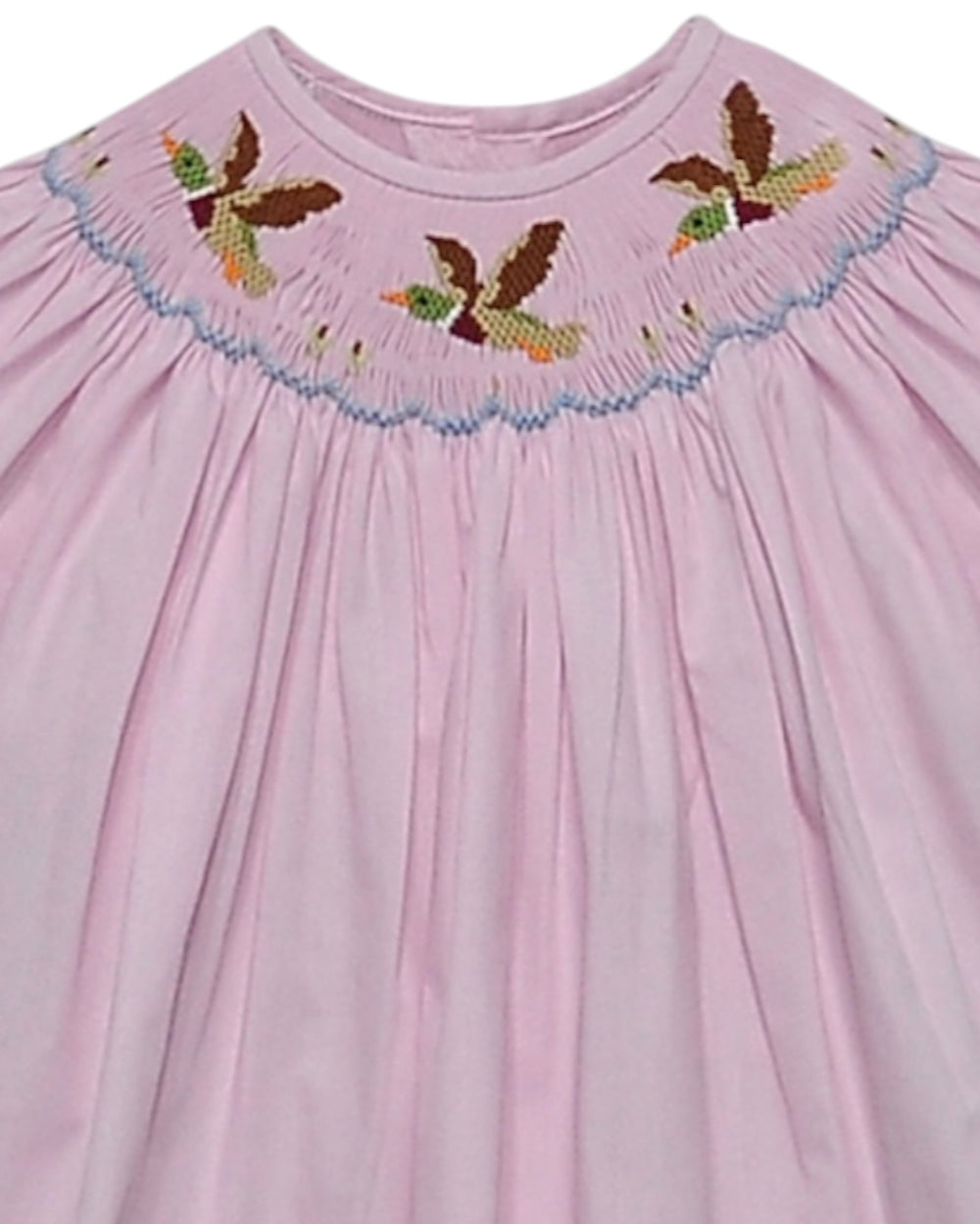 Pink dress with embroidered neckline featuring smocked mallards