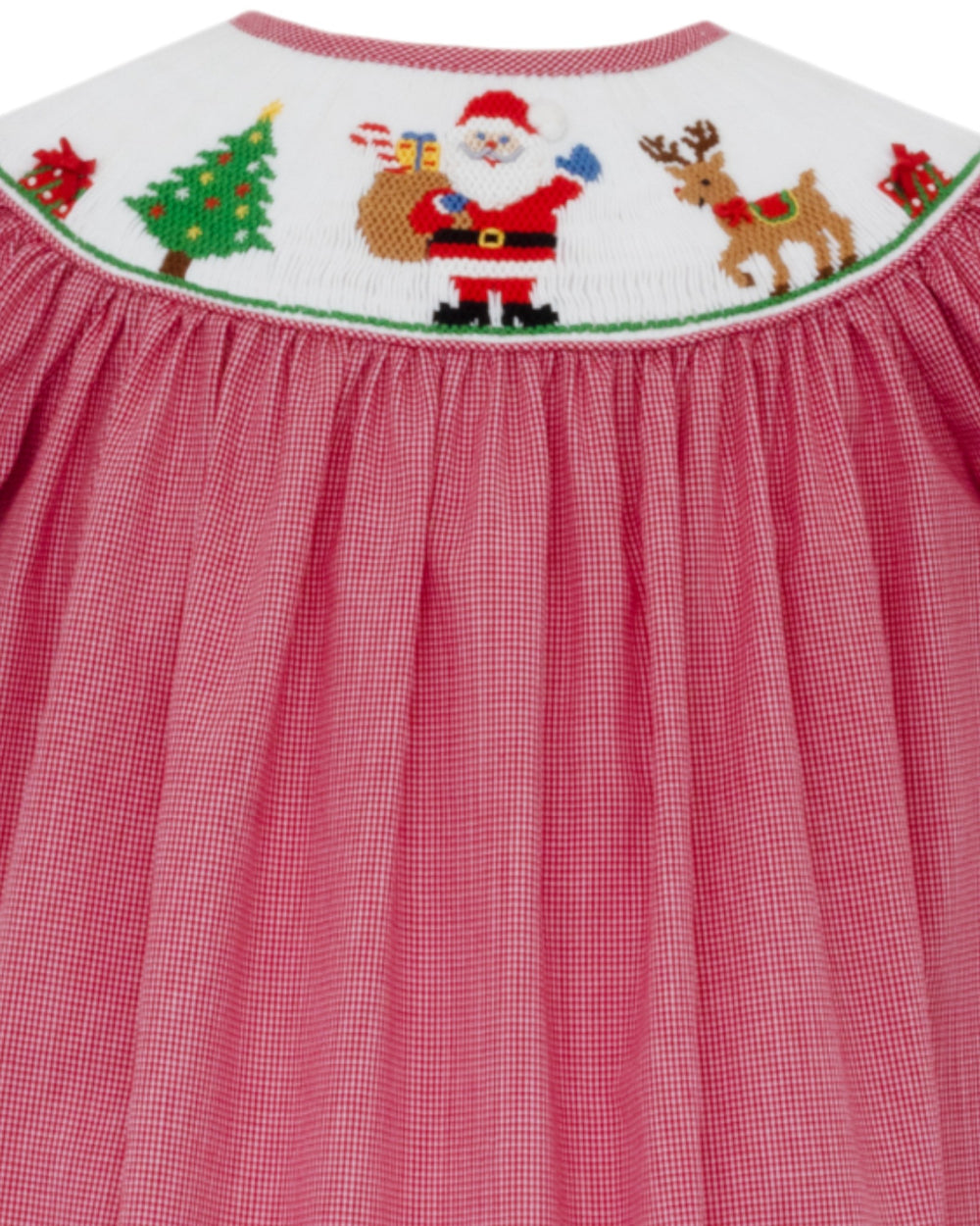 Red checkered dress with Christmas-themed smocked collar featuring Santa Claus, reindeer, and tree.