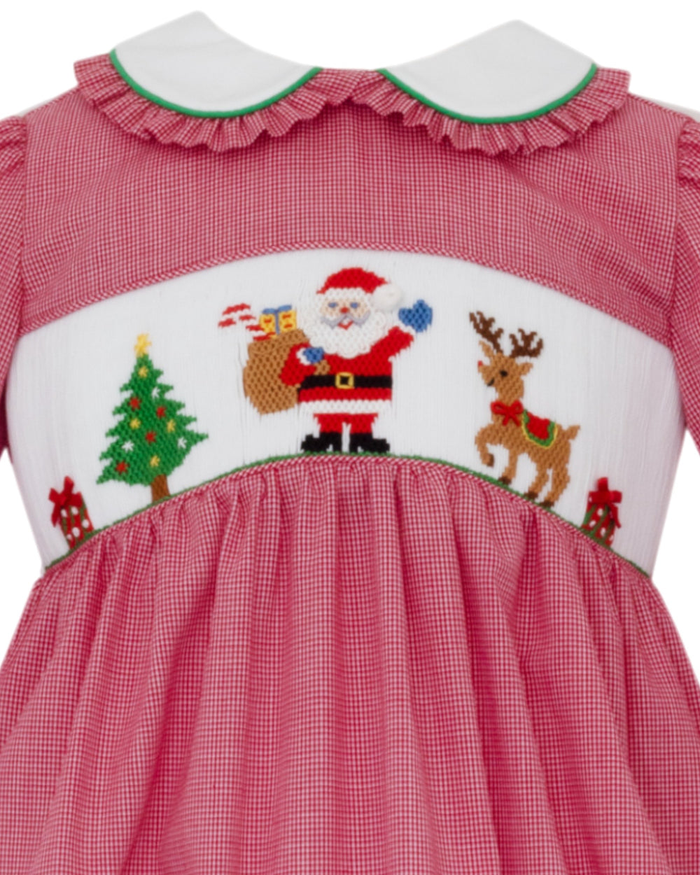 Red checkered dress with Christmas-themed embroidery featuring Santa Claus and reindeer on a white background.