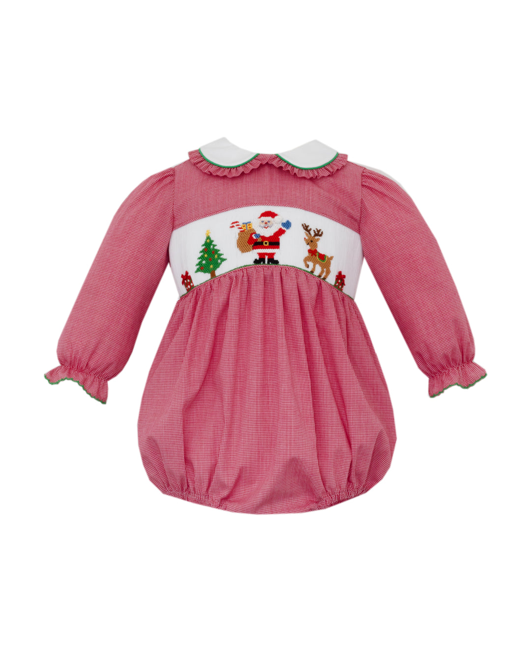 Pink baby dress with Christmas-themed embroidery on a white background