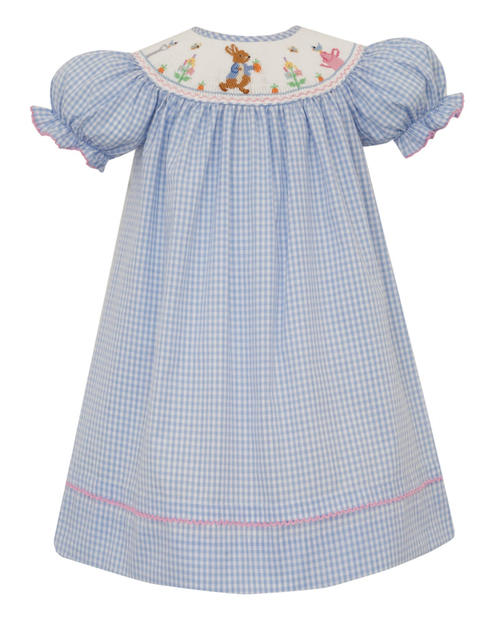 Blue checkered dress with embroidered details on a white background