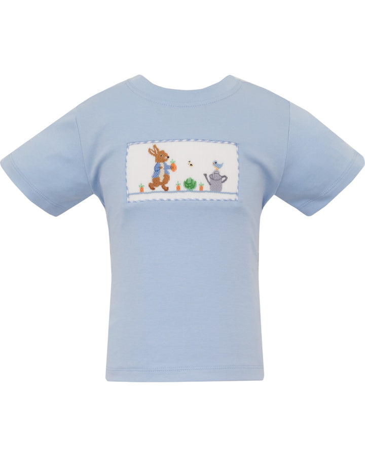 Light blue t-shirt with a printed design on a white background