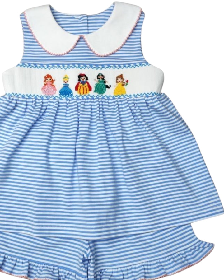 Smocked Princess Blue Stripe Girls Short Set, Shop That Store, close