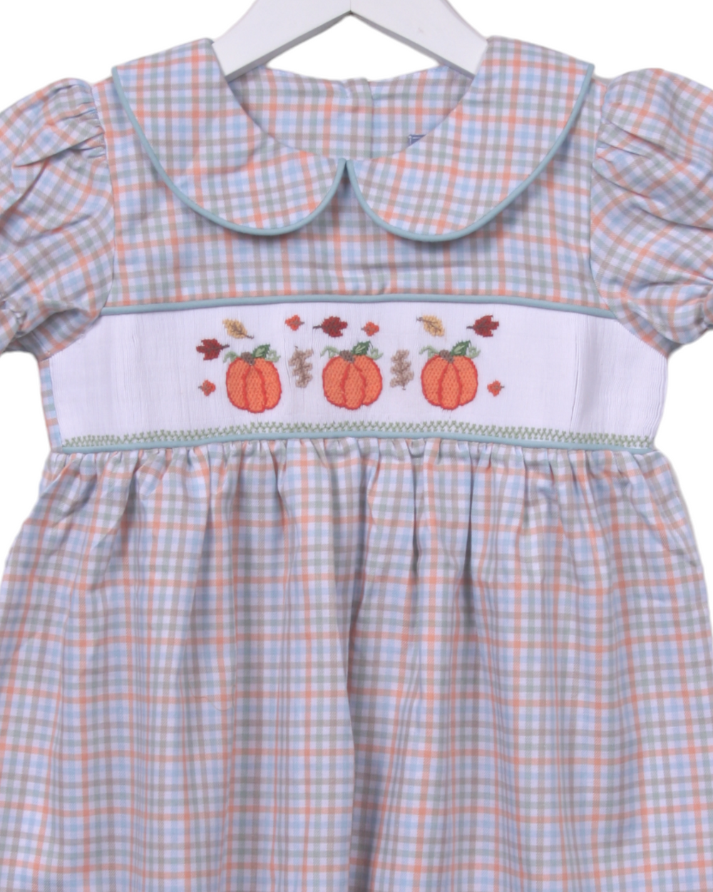Smocked Pumpkin Green Plaid Dress, close up, That Store