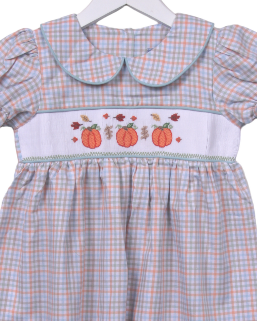 Smocked Pumpkin Green Plaid Dress, close up, That Store