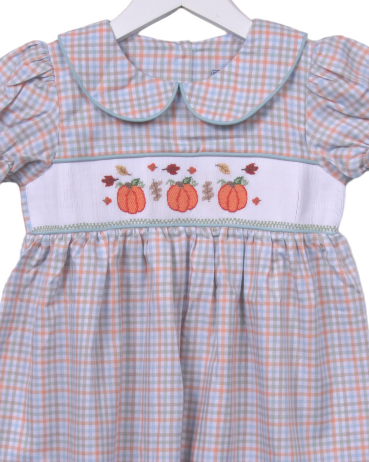 Smocked Pumpkin Green Plaid Dress, close up, That Store