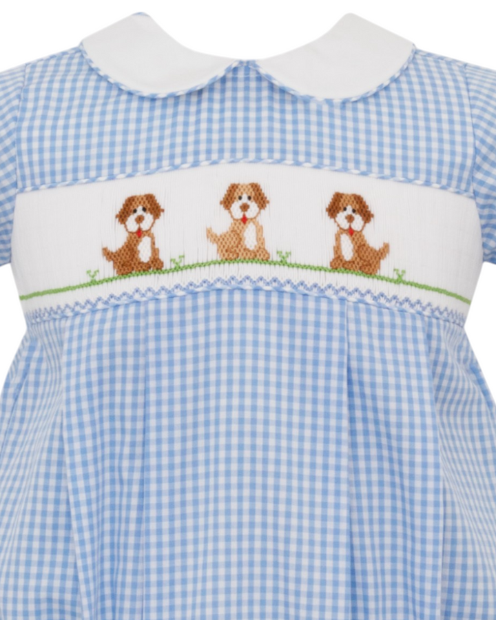 Smocked Puppies Blue Gingham Boys Bubble, That Store, close