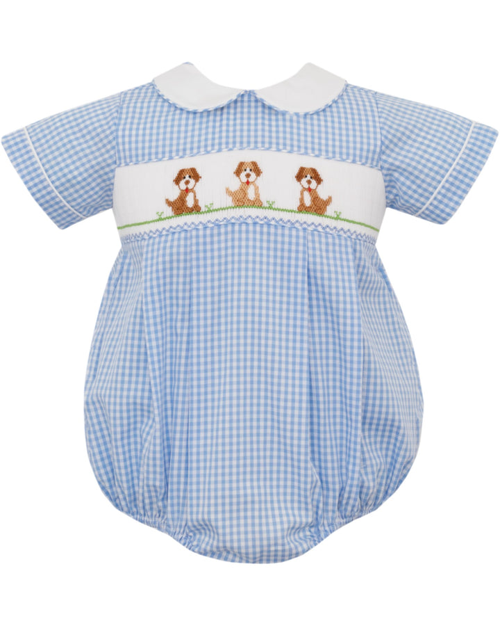 Smocked Puppies Blue Gingham Boys Bubble, That Store, front