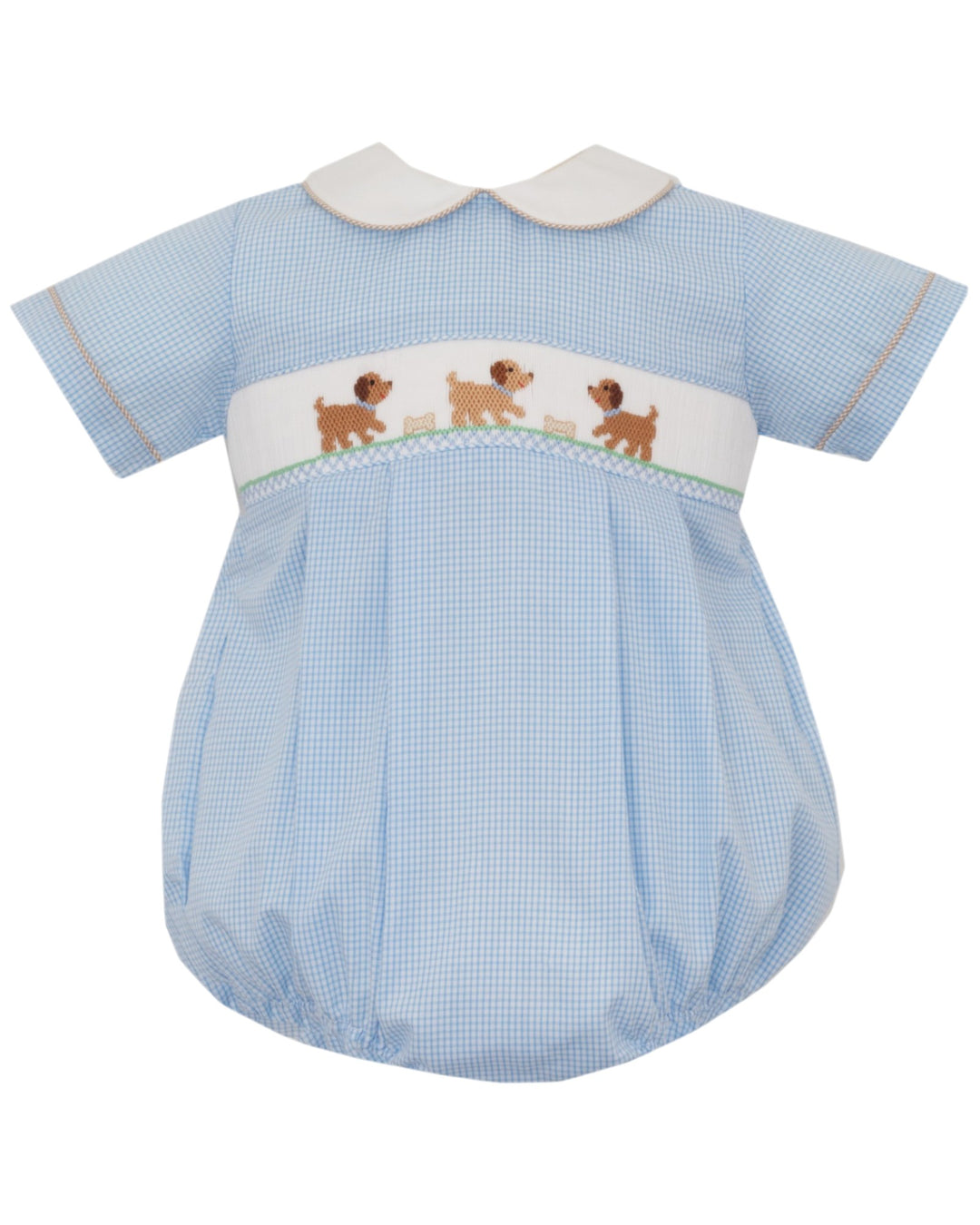 A baby smocked romper in light blue and white gingham fabric, featuring a white Peter Pan collar, a smocked chest panel with embroidered brown dogs, and a pleated skirt, that store