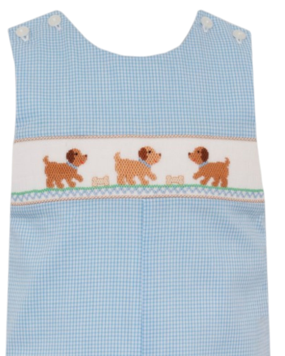 A light blue and white gingham baby smocked romper featuring a decorative horizontal band with three brown puppy illustrations and small dog toys, that store