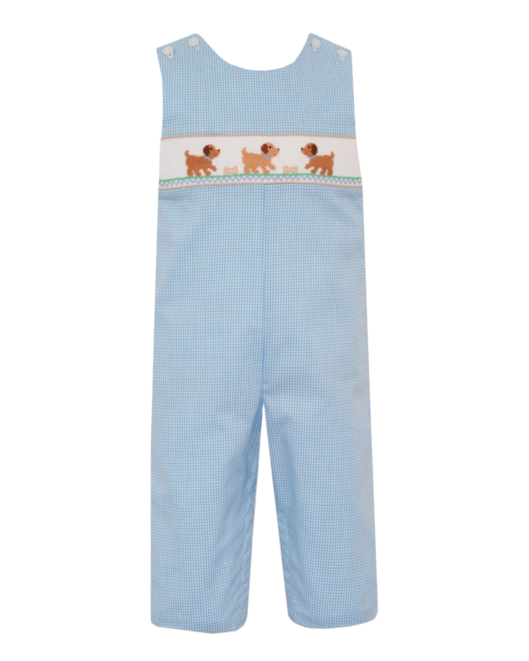 Light blue gingham baby overalls featuring a decorative chest band with three brown dachshund dogs on a white background, that store