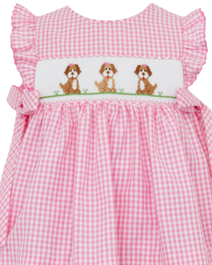 Smocked Puppies Pink Gingham Girls Bloomer Set, That Store, close