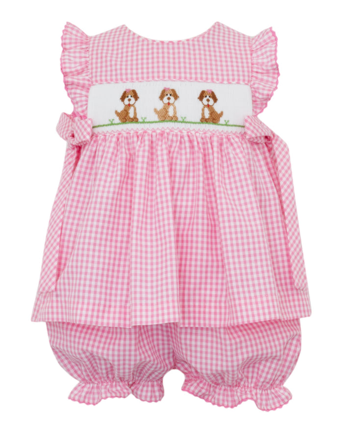 Smocked Puppies Pink Gingham Girls Bloomer Set, That Store, front
