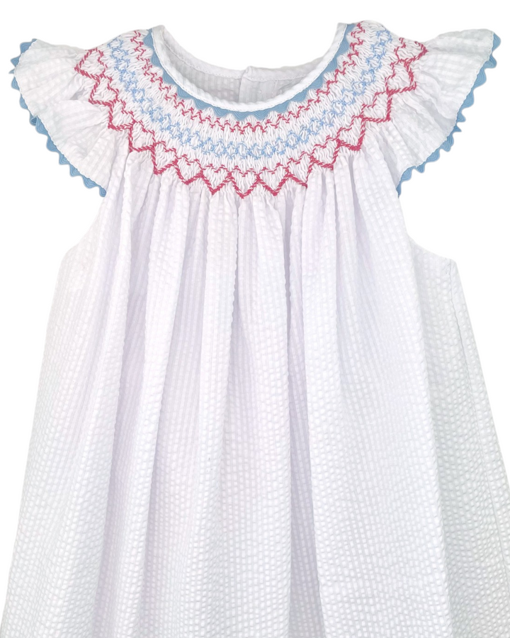 Smocked Red and Blue Seersucker Dress, That Store, close up
