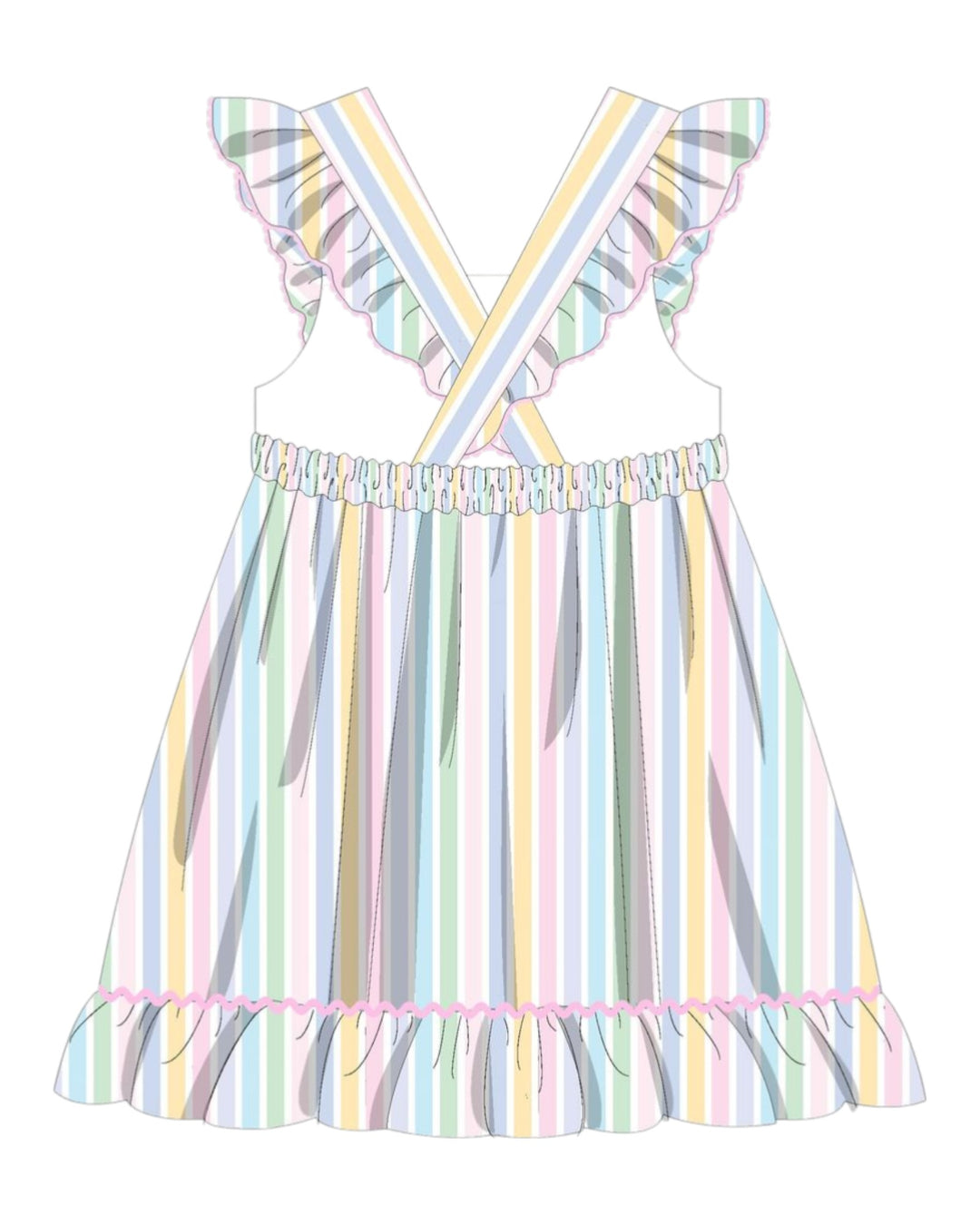 Pastel striped dress with ruffled straps on a white background