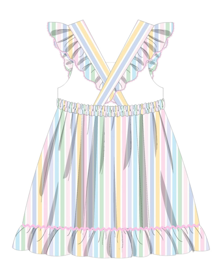 Pastel striped dress with ruffled straps on a white background